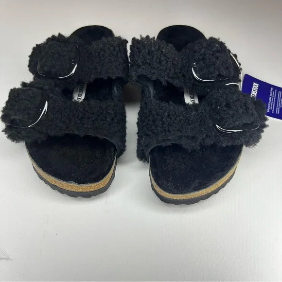 BIRKENSTOCK Arizona Big Buckle Shearling Sandals -NWT- Teddy Black- Women’s 7 - Picture 8 of 9